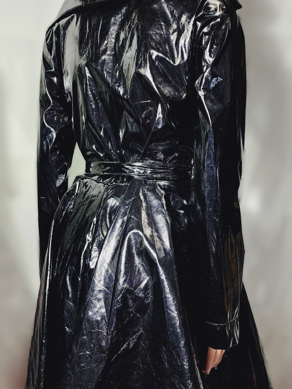 Glossy Black Faux-Leather Wrap Dress with Tie Waist - Picture 3 of 3